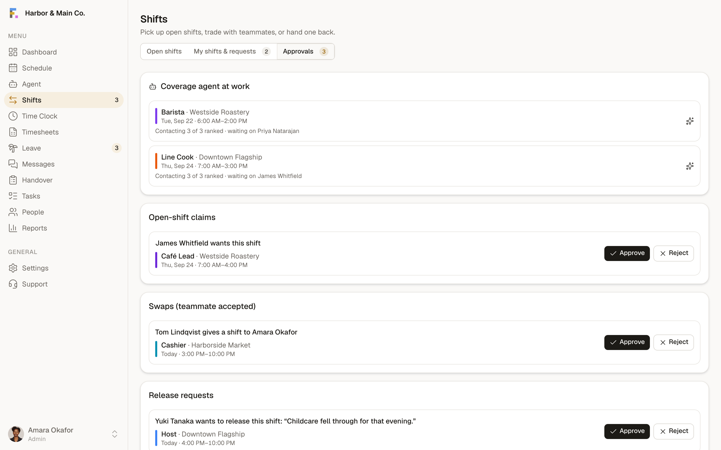 Formclock open shifts: shifts released for claim, swap requests and who has asked for what.